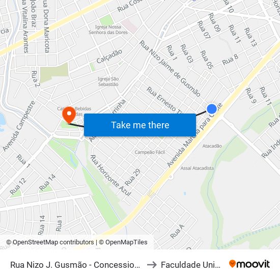 Rua Nizo J. Gusmão - Concessionárias to Faculdade Unibras map