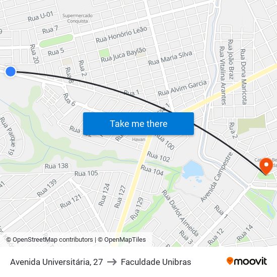 Avenida Universitária, 27 to Faculdade Unibras map