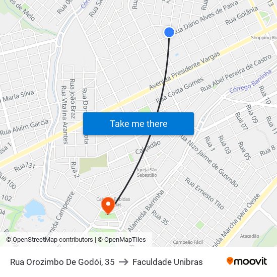Rua Orozimbo De Godói, 35 to Faculdade Unibras map