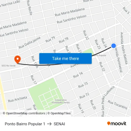 Ponto Bairro Popular 1 to SENAI map