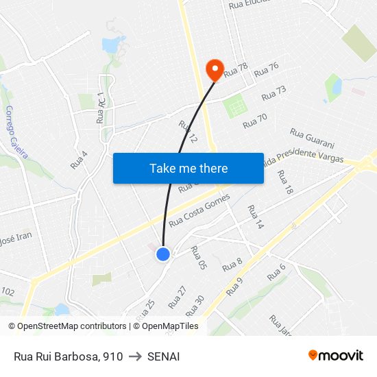 Rua Rui Barbosa, 910 to SENAI map