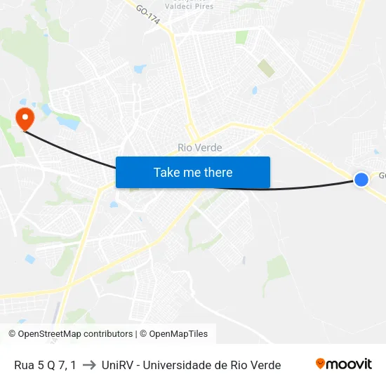 Rua 5 Q 7, 1 to UniRV - Universidade de Rio Verde map