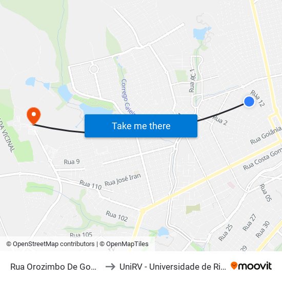 Rua Orozimbo De Godói, 927 to UniRV - Universidade de Rio Verde map