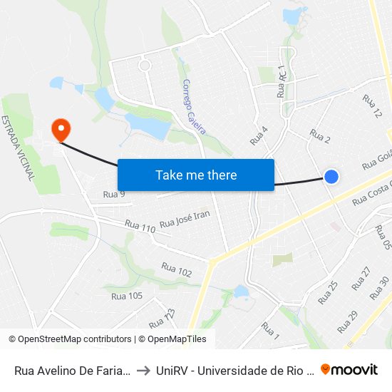 Rua Avelino De Faria, 567 to UniRV - Universidade de Rio Verde map