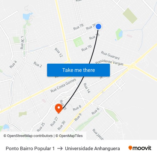 Ponto Bairro Popular 1 to Universidade Anhanguera map