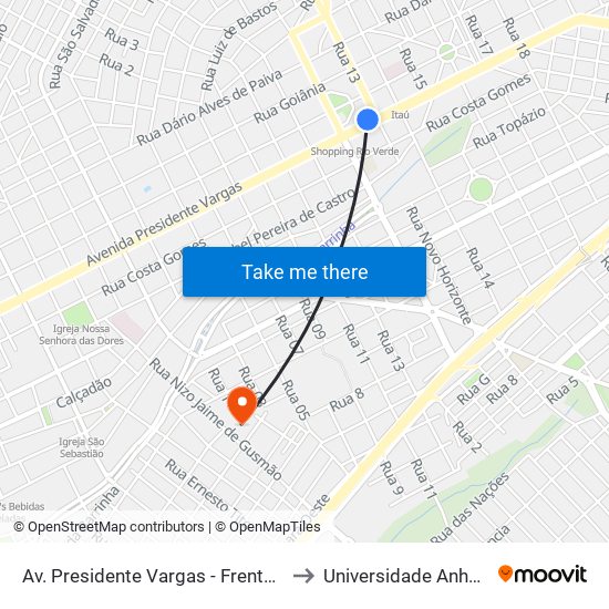 Av. Presidente Vargas - Frente Shopping to Universidade Anhanguera map