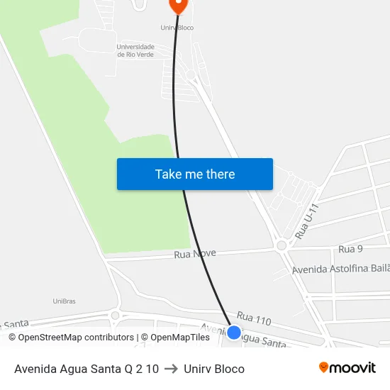 Avenida Agua Santa Q 2 10 to Unirv Bloco map