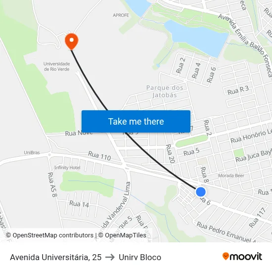 Avenida Universitária, 25 to Unirv Bloco map