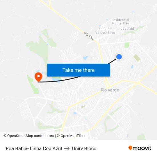 Rua Bahia- Linha Céu Azul to Unirv Bloco map