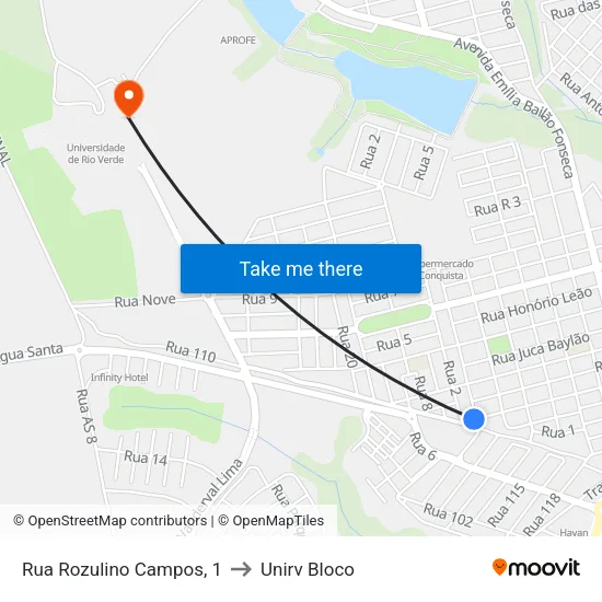 Rua Rozulino Campos, 1 to Unirv Bloco map