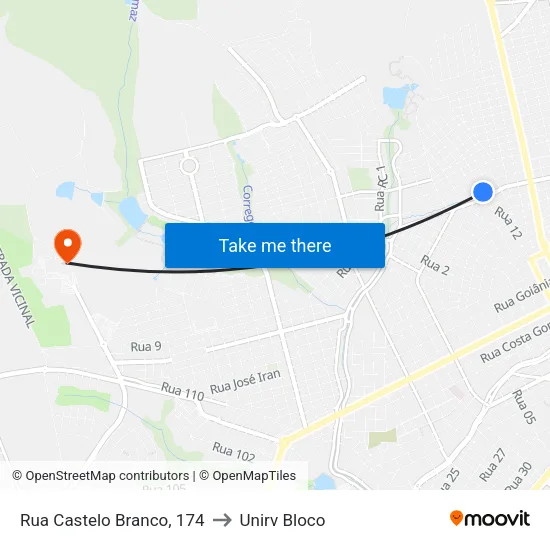 Rua Castelo Branco, 174 to Unirv Bloco map