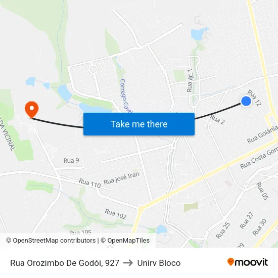Rua Orozimbo De Godói, 927 to Unirv Bloco map