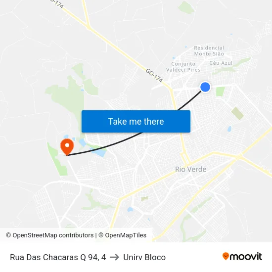 Rua Das Chacaras Q 94, 4 to Unirv Bloco map