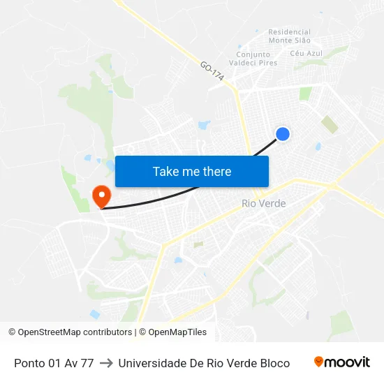 Ponto 01 Av 77 to Universidade De Rio Verde Bloco map