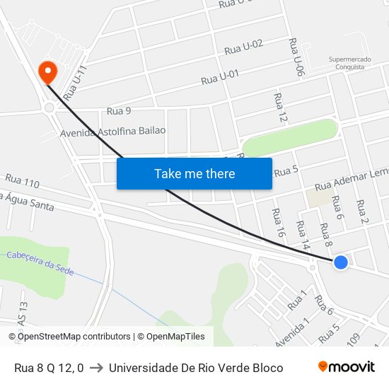 Rua 8 Q 12, 0 to Universidade De Rio Verde Bloco map