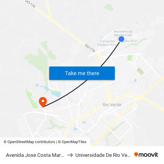 Avenida Jose Costa Martins Q 2, 0 to Universidade De Rio Verde Bloco map