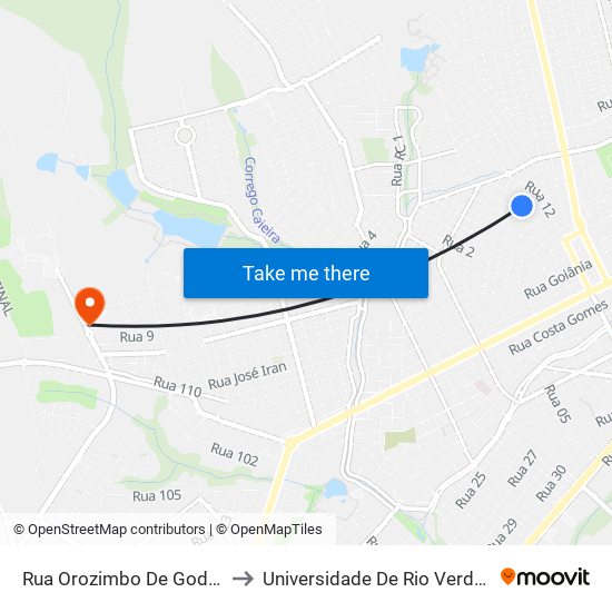 Rua Orozimbo De Godói, 927 to Universidade De Rio Verde Bloco map