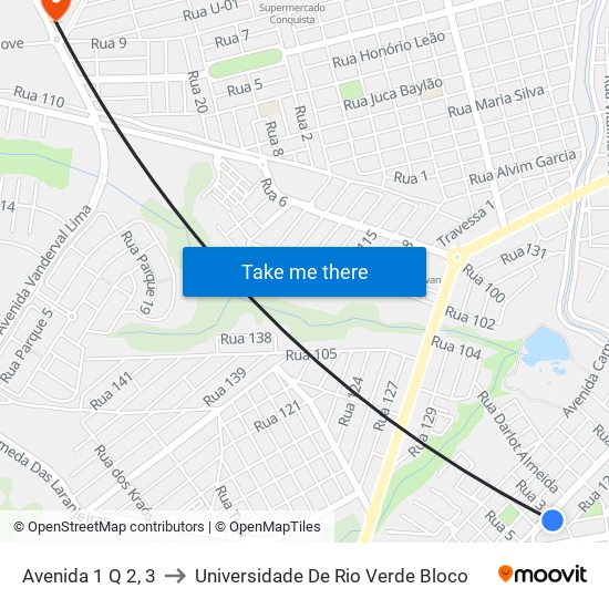 Avenida 1 Q 2, 3 to Universidade De Rio Verde Bloco map