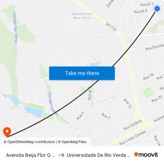 Avenida Beija Flor Q 32, 0 to Universidade De Rio Verde Bloco map