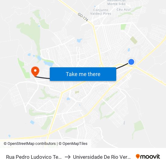 Rua Pedro Ludovico Teixeira, 7 to Universidade De Rio Verde Bloco map