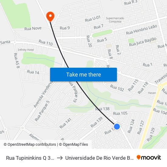 Rua Tupininkins Q 34, 2 to Universidade De Rio Verde Bloco map