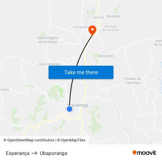 Esperança to Ubaporanga map