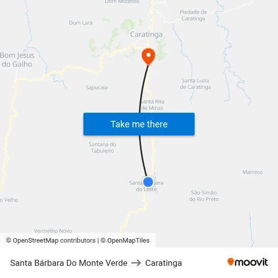 Santa Bárbara Do Monte Verde to Caratinga map