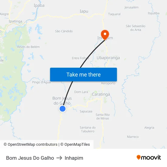 Bom Jesus Do Galho to Inhapim map