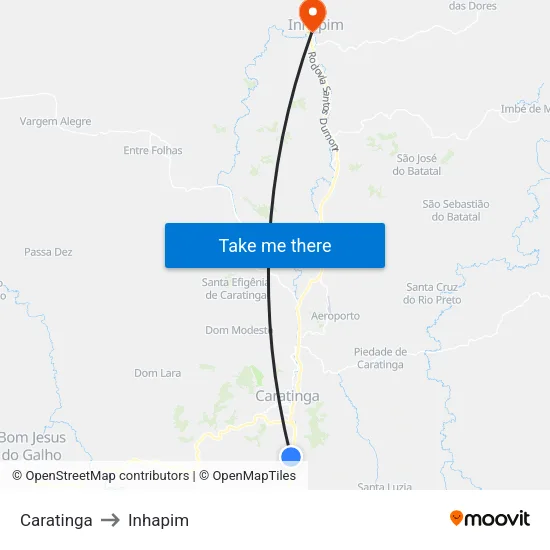 Caratinga to Inhapim map
