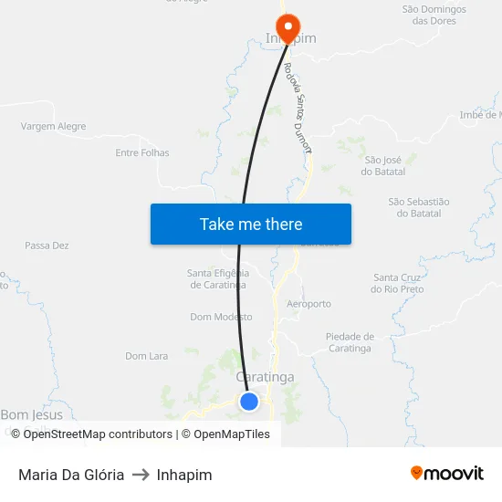 Maria Da Glória to Inhapim map