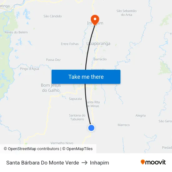 Santa Bárbara Do Monte Verde to Inhapim map