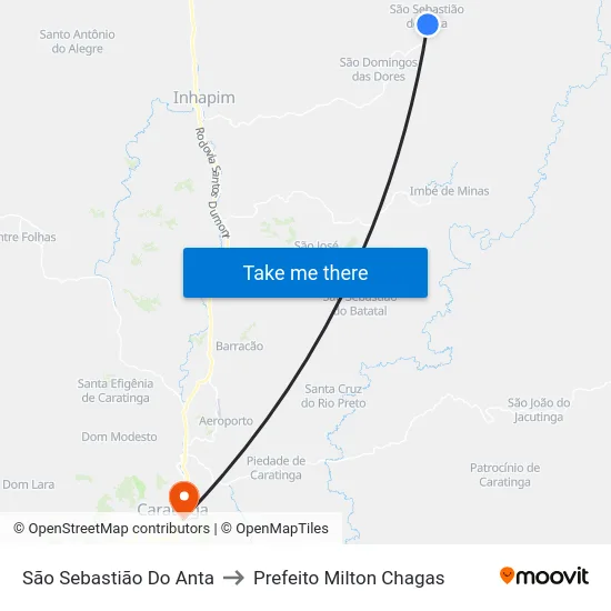 São Sebastião Do Anta to Prefeito Milton Chagas map