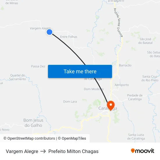 Vargem Alegre to Prefeito Milton Chagas map