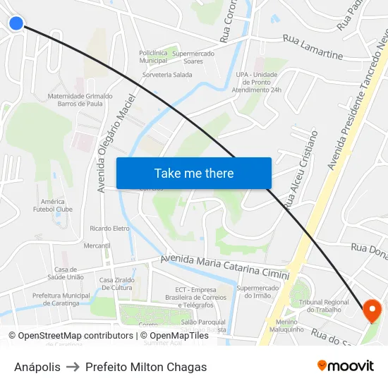 Anápolis to Prefeito Milton Chagas map