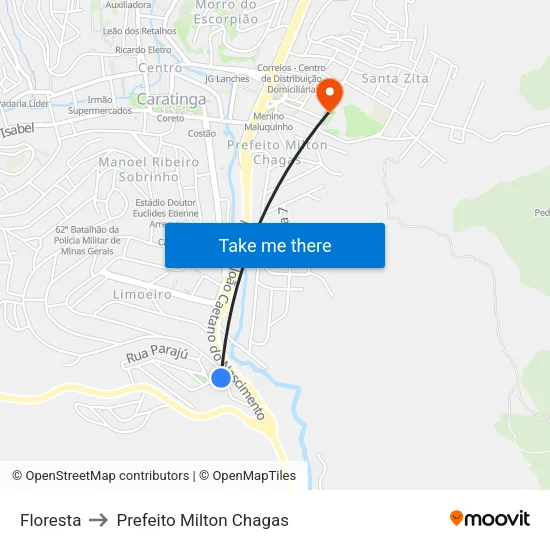 Floresta to Prefeito Milton Chagas map