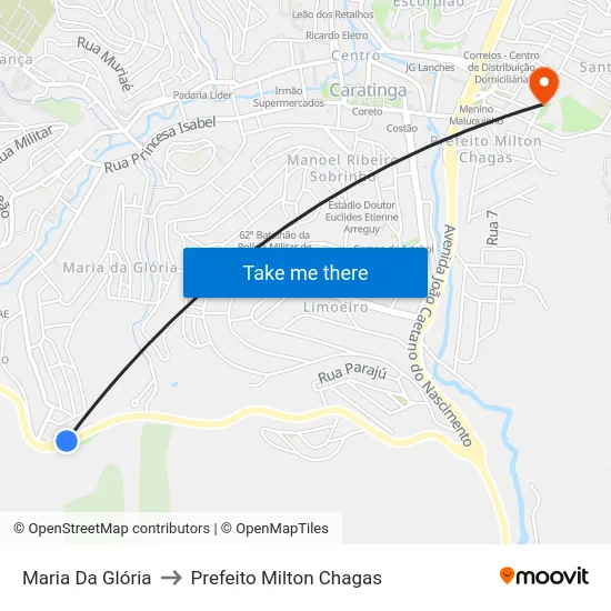 Maria Da Glória to Prefeito Milton Chagas map