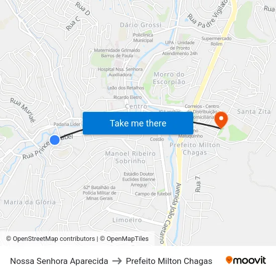 Nossa Senhora Aparecida to Prefeito Milton Chagas map