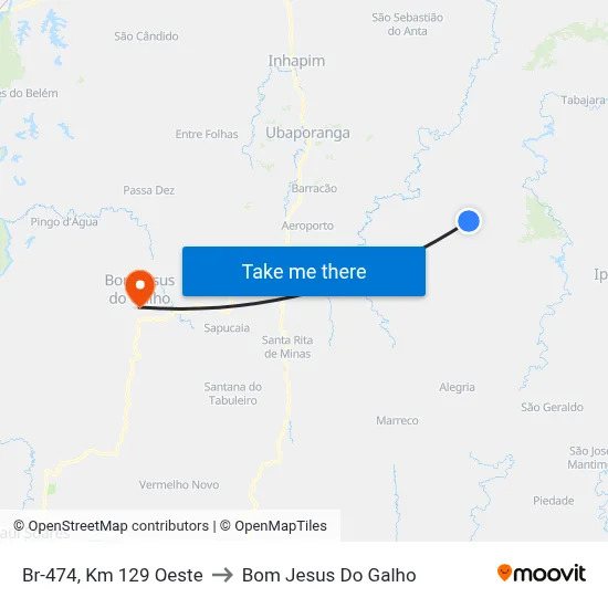 Br-474, Km 129 Oeste to Bom Jesus Do Galho map