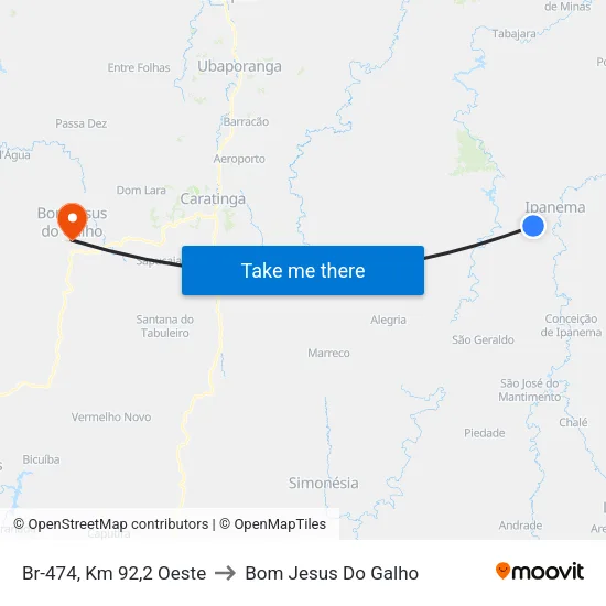 Br-474, Km 92,2 Oeste to Bom Jesus Do Galho map