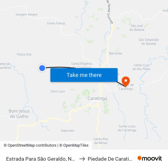 Estrada Para São Geraldo, Norte to Piedade De Caratinga map