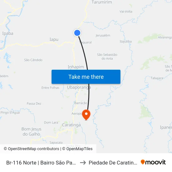 Br-116 Norte | Bairro São Paulo to Piedade De Caratinga map