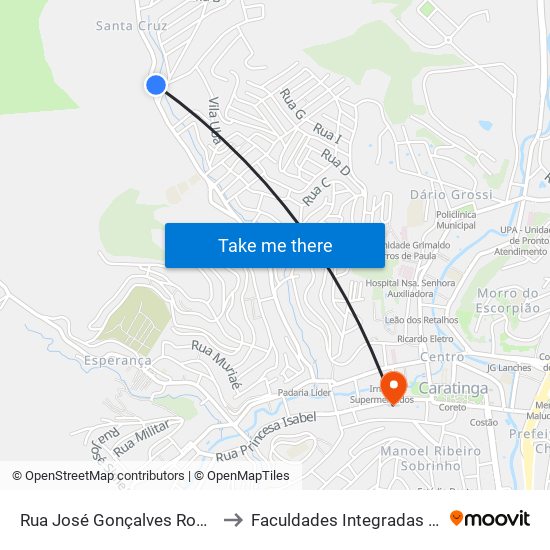 Rua José Gonçalves Rodrigues, 1530 to Faculdades Integradas De Caratinga map