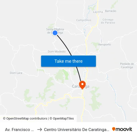 Av. Francisco Rosa to Centro Universitário De Caratinga - Unec I map