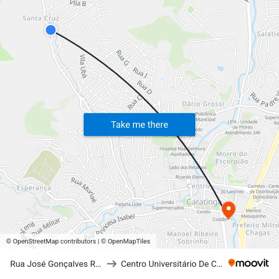 Rua José Gonçalves Rodrigues, 1710 to Centro Universitário De Caratinga - Unec I map