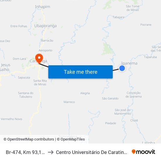 Br-474, Km 93,1 Leste to Centro Universitário De Caratinga - Unec I map