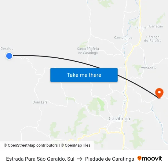 Estrada Para São Geraldo, Sul to Piedade de Caratinga map
