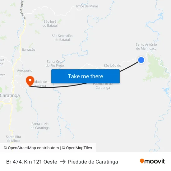 Br-474, Km 121 Oeste to Piedade de Caratinga map