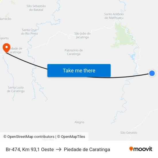 Br-474, Km 93,1 Oeste to Piedade de Caratinga map