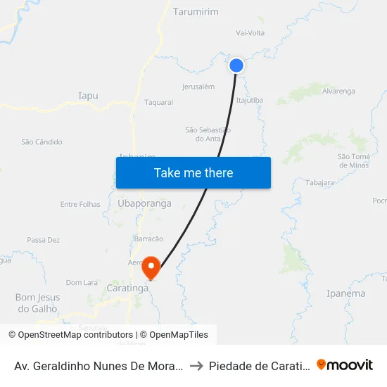 Av. Geraldinho Nunes De Morais, 25 to Piedade de Caratinga map