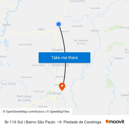 Br-116 Sul | Bairro São Paulo to Piedade de Caratinga map